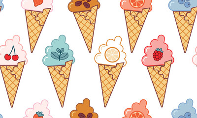 Seamless pattern with flavored ice cream in cones