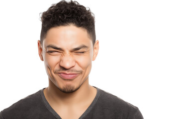 Obraz premium Man squinting his eyes slightly smiling isolated on white transparent background