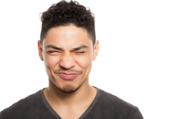 Man squinting his eyes slightly smiling isolated on white transparent background