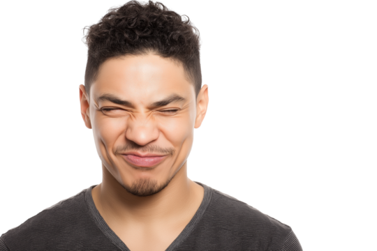 Man squinting his eyes slightly smiling isolated on white transparent background