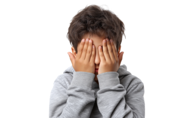 Young boy covering eyes with hands isolated on white transparent background
