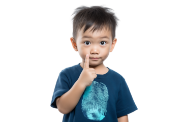 little boy with finger pointing up isolated on white transparent background