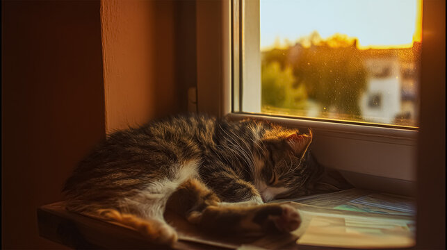 fluffy orange cat squints while lying on the windowsill in the rays of the morning sun. Comfortable sleep.