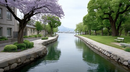 Fototapeta premium Scenic canal surrounded by lush greenery.