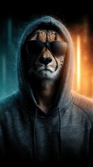 Cheetah-headed figure in hoodie and sunglasses exuding confident vibe against a neon background
