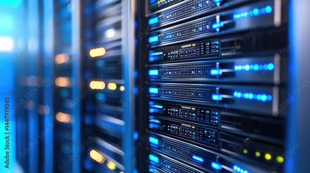 Poster Modern data servers with glowing blue lights in a secure server room corridor, ideal for tech backgrounds and IT infrastructure visuals