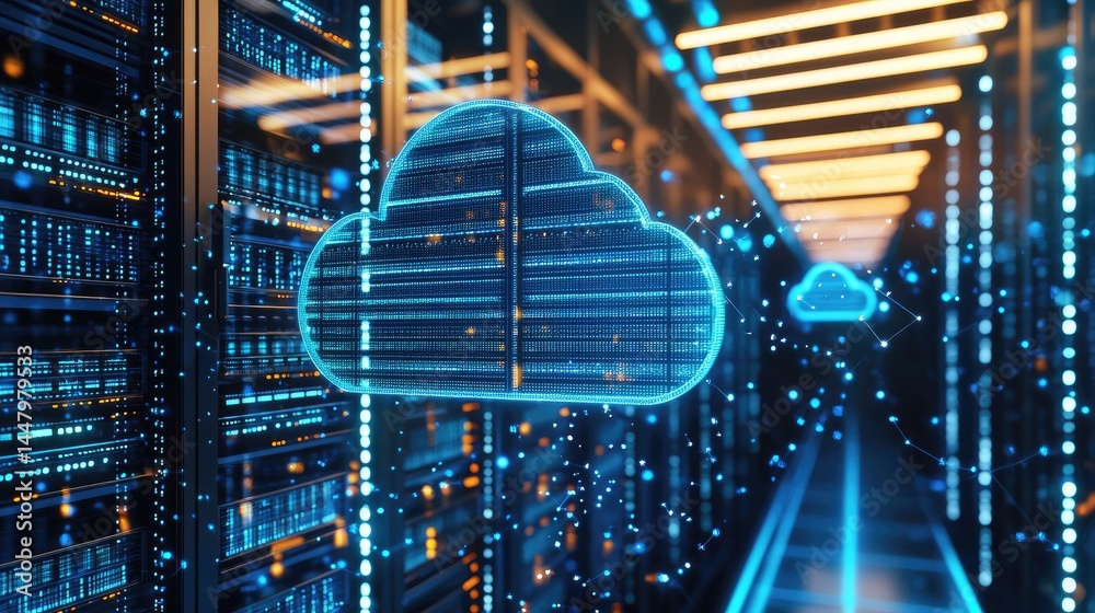 Poster Futuristic cloud computing interface overlayed on data servers in a digital server room, great for AI, cloud tech and innovation themes