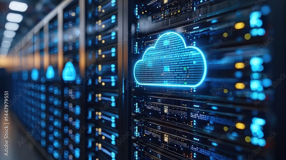 Poster Blue glowing cloud overlay in a data center corridor, ideal for cloud computing, data management and digital infrastructure ads