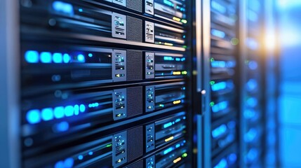 Close-up on glowing server racks in a blue-lit secure data center environment, perfect for cyber security, hosting, and IT ads