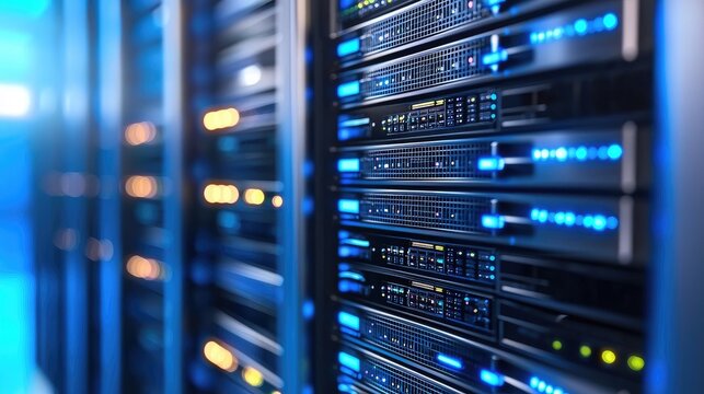 Modern data servers with glowing blue lights in a secure server room corridor, ideal for tech backgrounds and IT infrastructure visuals