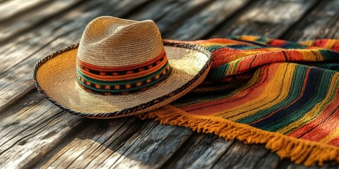Colorful sombrero and striped blanket on weathered wooden surface in bright natural light