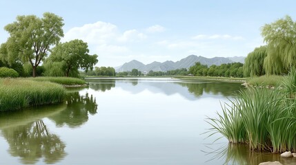 Obraz premium Serene lake landscape with lush greenery.