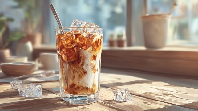 Minimalist iced coffee scene with inviting cafe ambiance