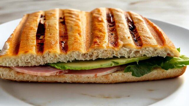 Grilled sandwich with ham, avocado, and greens served on white plate