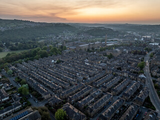 Aerial View of Saltaire Village at Sunrise Showing Historic Architecture