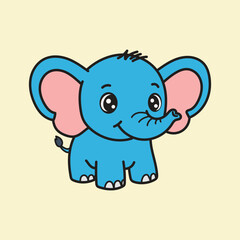 Cute cartoon baby elephant illustration in blue with big ears and happy expression, perfect for children’s books, posters, and educational materials.