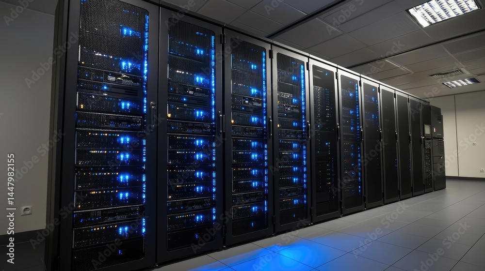 Poster Dark sleek data center with glowing blue server panels under ceiling lights, perfect for IT infrastructure, data backup and smart technology themes