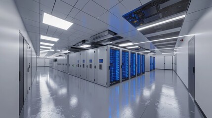 Bright white data center corridor with glowing blue server units, ideal for showcasing tech cleanliness, security, and innovation