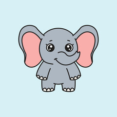 Cute cartoon baby elephant with gray body and big pink ears, standing and smiling with sweet expression. Ideal for kids’ media, toys, prints, and educational projects.