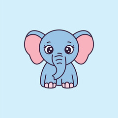 Adorable cartoon baby elephant sitting front view with big eyes and pink ears, perfect for children's content, educational media, and cute animal-themed designs.