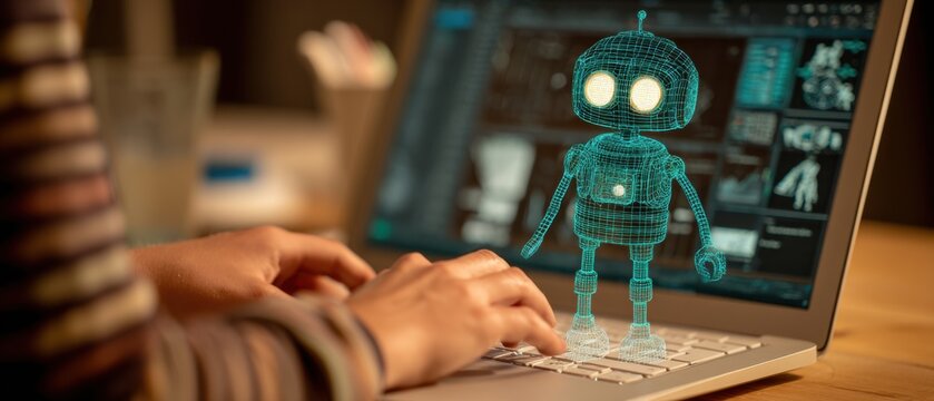 Holographic robot assistant projected from laptop with data visualization - Powered by Adobe