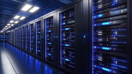 Corner angle of high-density server racks in a modern white-lit data center, great for network cloud systems and secure tech visuals