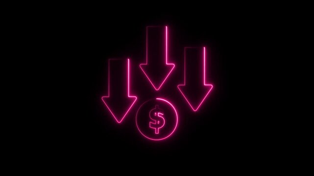 Glowing neon line of dollar sign icon. Dollar rate decrease icon animation . Money symbol with stretching arrow down. Rising prices. Business cost sale icon.