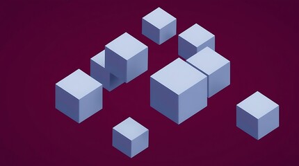 Fototapeta premium Conceptual artwork floating isometric 3D cubes in a monochrome rich burgundy and deep blue palette. Minimalist, futuristic, sophisticated and elegant design