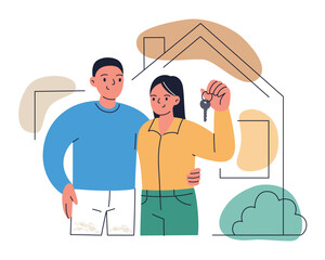 Flat cartoon vector illustration of happy couple standing in front of new home holding keys. Happy man and woman characters. Concept of moving, buying new house, starting life in new place