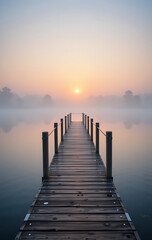 Obraz premium Serene Sunrise Wooden Dock Extending into Misty Lake
