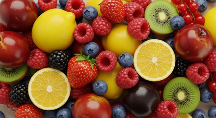 Obraz premium Sliced Citrus and Mixed Berries Colorful Display