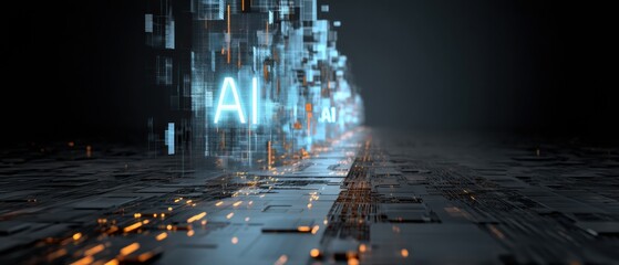 Immersive digital corridor of blue binary code and ai visualization