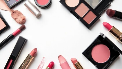 Various makeup items arranged on white backdrop , powder, image