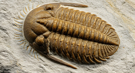Fossilized Trilobite Specimen Preserved in Sedimentary Rock with Detailed Segmentation and Texture