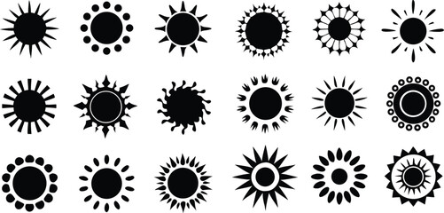 Sun Icons Collection. Bold Black Solar Symbol Silhouettes for Graphic Design.
