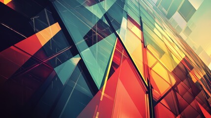 Fototapeta premium Abstract architectural design with geometric glass shapes in vibrant colors creating a modern and dynamic composition with an artistic perspective and a warm, inviting mood