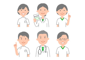医師と看護師、理学療法士、薬剤師の上半身