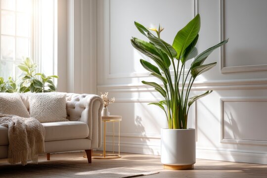 Living Room Interior with Bird of Paradise Plant and Elegant Furniture