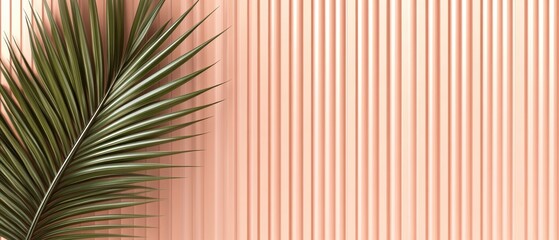 Fototapeta premium Lush Palm Frond Accent on Textured Coral Wall Backdrop for Tropical Modern Interior Design
