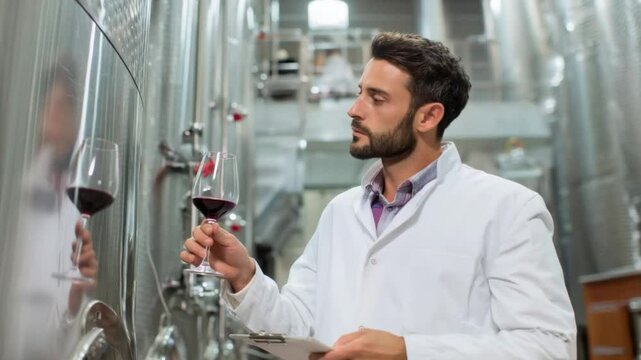 Wine Tasting Inspection: A seasoned connoisseur, clad in a crisp lab coat, meticulously inspects a glass of rich red wine in a modern winery setting, capturing the essence of quality and precision.