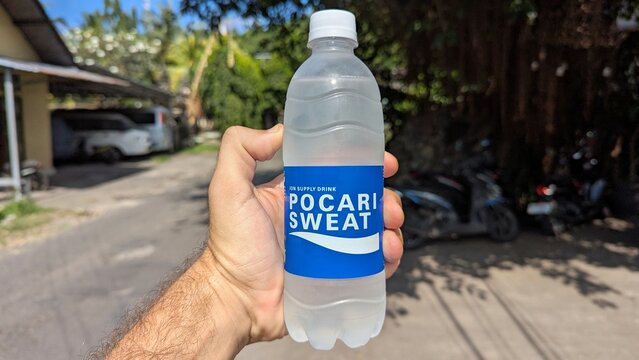 A bottle of Pocari Sweat drink with electrolytes for rehydration in outdoors environment - taken on 27th April 2025