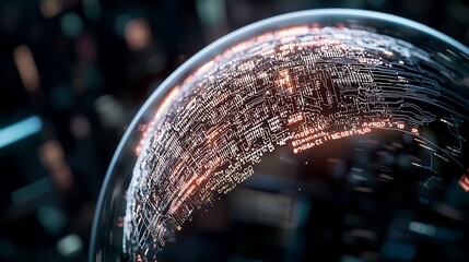 Futuristic abstract globe design with illuminated circuits under a glass dome in a dark setting