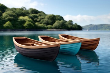 Naklejka premium Handcrafted boats anchored in calm waters scenic lake photography tranquil environment aerial view serenity