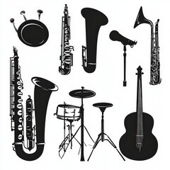 musical instruments silhouette , black and white illustration isolated on white background