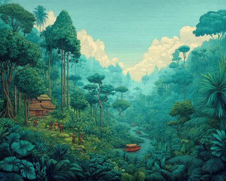 Lush jungle scene with dense foliage, riverboats, ancient ruins, and people exploring a vibrant tropical rainforest landscape.