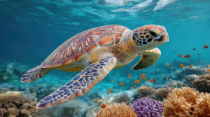 Fototapeta premium A sea turtle swims gracefully above a vibrant coral reef, surrounded by colorful fish in clear blue ocean water.