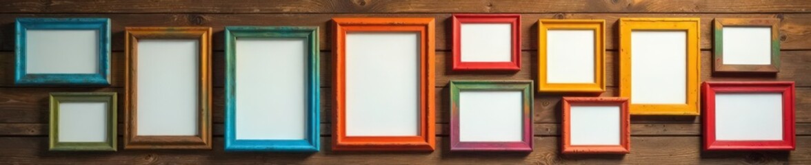 Fototapeta premium Colorful photo frames in various sizes and shapes on a wooden wall, frame arrangement, photography display, decorative accents