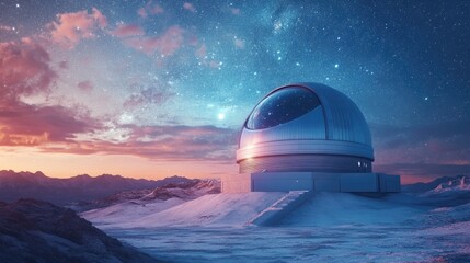 Observatory dome on a snowy mountain landscape under a twilight sky filled with stars and colorful clouds