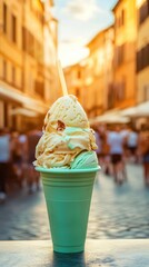 Naklejka premium Delicious gelato in a cup on a sunny street in Italy creamy texture vibrant colors captures the essence of Italian summer travel destination vacation sweet treat