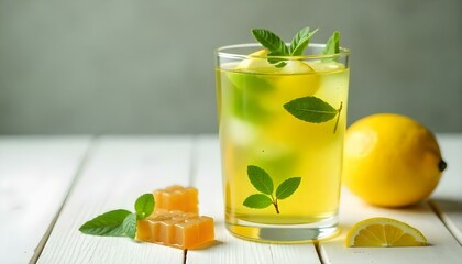transparent glass with green tea, lemons and honeycomb on white wooden table